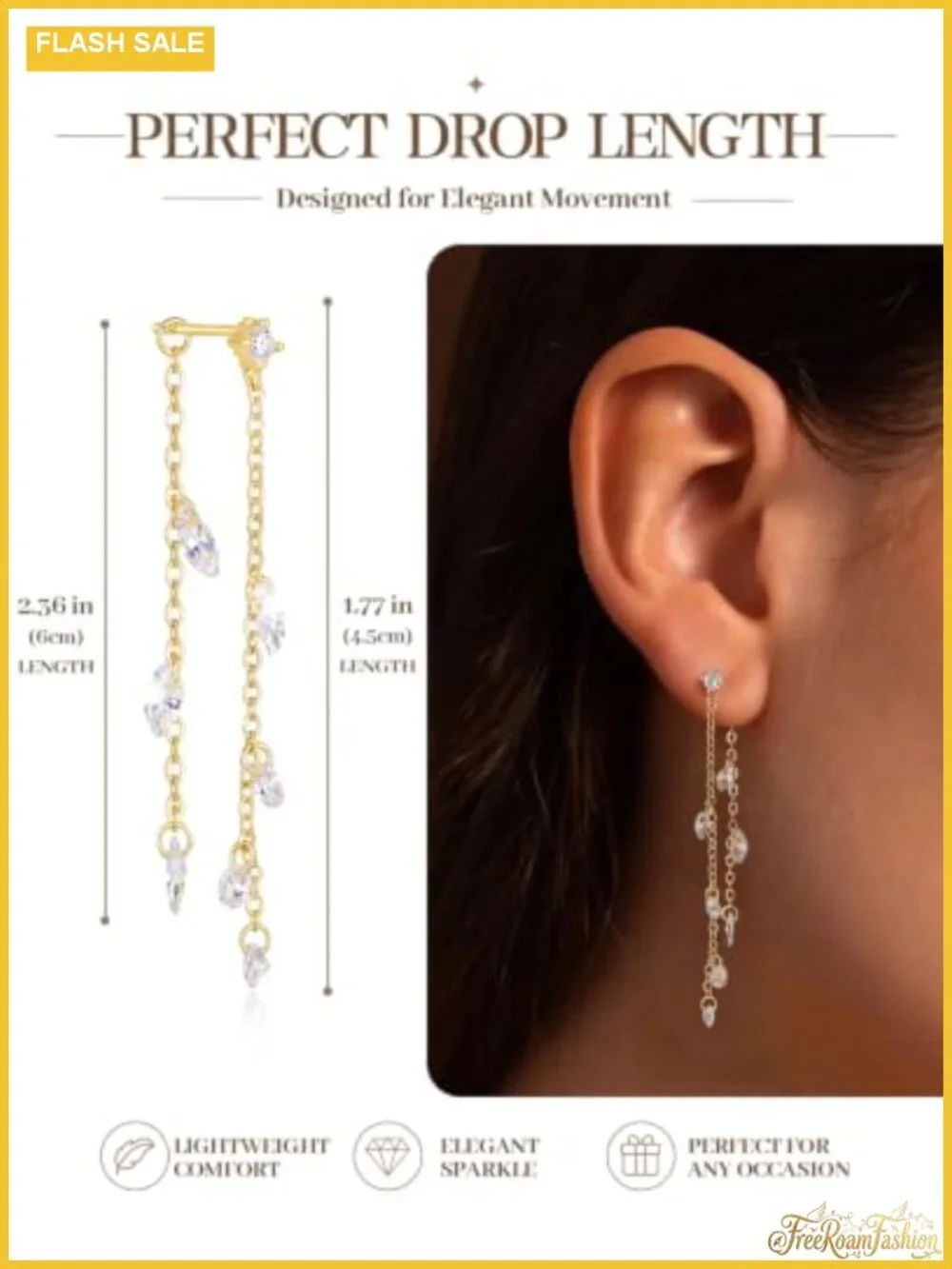 Dangle Earrings with 14K Gold Plated Brass & Marquise CZ Double Chain